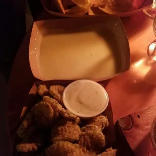 Fried pickles and chips n queso