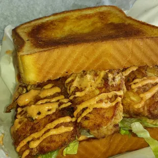 Chicken poboy on Texas Toast with homemade chips  $8.