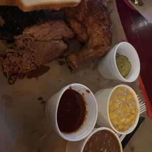 Two 2 Meat Dinner. Chicken, brisket, Cream Corn, Pinto Beans