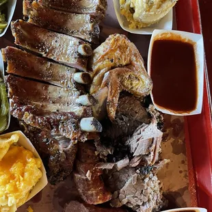 Brisket, ribs, chicken, sausage.