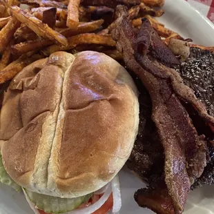 Elk Burger add bacon and sweet potato fries