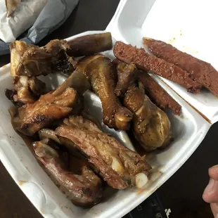 Ribs, dry chicken, sausage