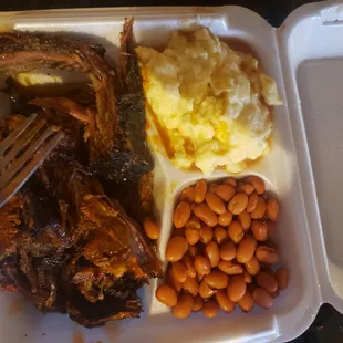 Brisket dinner with beans and potato salad