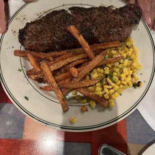 NY STRIP WITH CORN AND SWEET POTATO FRIES
