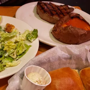 Steak with sweet potato and salad. Yummy rolls to start.