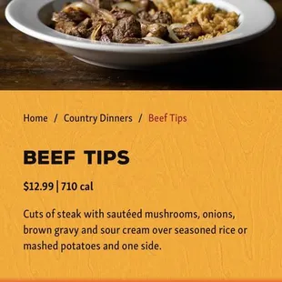 Full Price of beef tips from menu.