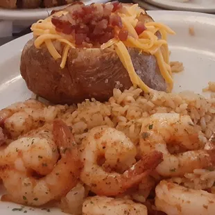 Grilled shrimp, rice, loaded baked potato