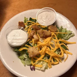 House Salad - with cheese and croutons only. Ranch and Caesar on the side.