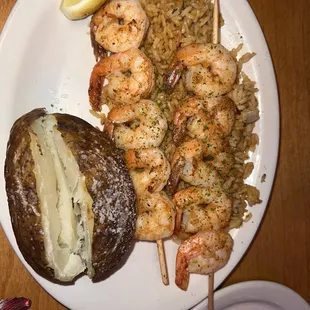 Grilled shrimp, potato, and seasoned rice