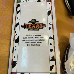 the menu for the restaurant