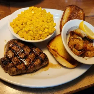 Filet and Shrimp combo with a side of Corn (not on the cob!!)