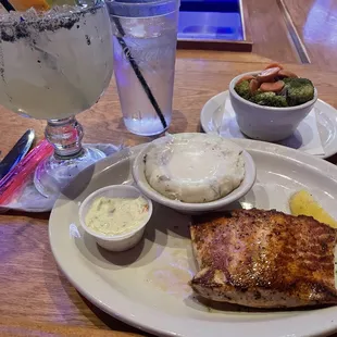 Legend Margarita, 8oz Salmon, Steamed Vegetables, Mashed Potatoes w/ Cream Gravy