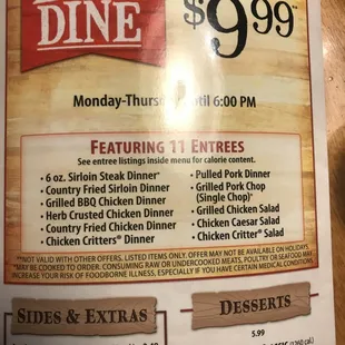 the menu for the early dine