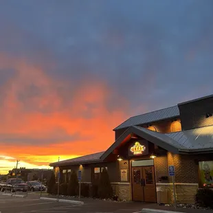 a parking lot at sunset