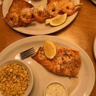 Grilled Shrimp, grilled salmon and buttered corn