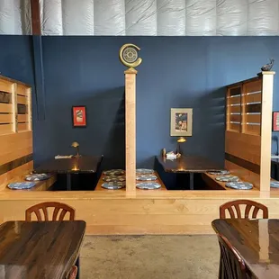 Booths are a mix of modern and traditional Japanese aesthetic.