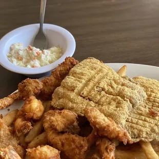 Coleslaw, alligator, shrimp and fish