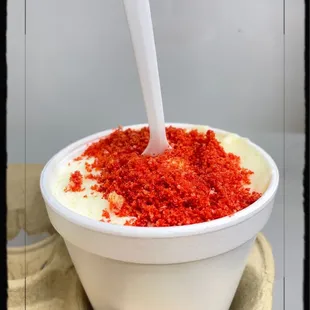 Elote EN VASO (add hot cheetos crumbs )