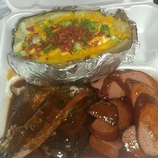 Loaded baked potato ribs and sausage
