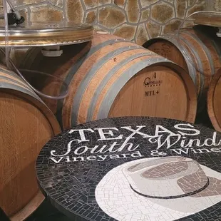 a table and barrels