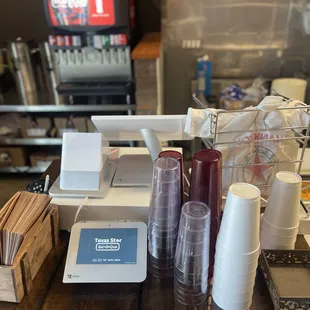 a counter with a variety of food items