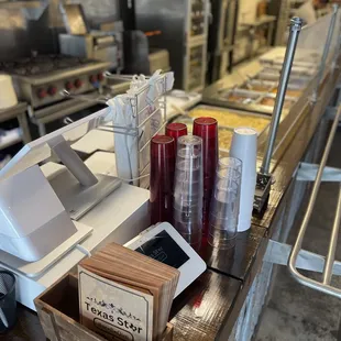 a counter with a variety of food items