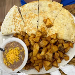 Chicken Quesadilla with beans and potatoes