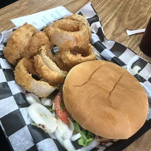 Bacon cheeseburger and onion rings