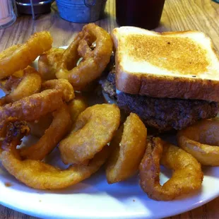 Burger and rings.