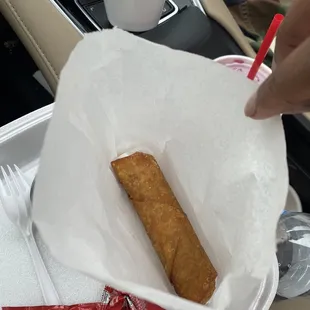 Eggroll, drink, and "spicy" seasoning (if you like spicy then it's not spicy but it is a good seasoning)