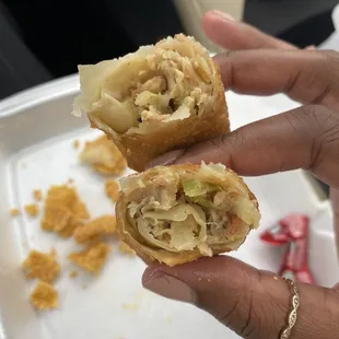 Eggroll. Fresh out the oil with a good authentic eggroll taste but they don't have a dip or sauce to go with it