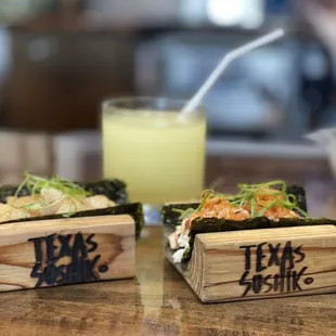 Sushi tacos and a sake margarita is a great combo!