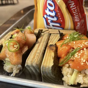 Handrolls - Hamachi to the left and salmon to the right