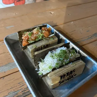 Scallop and salmon hand roll