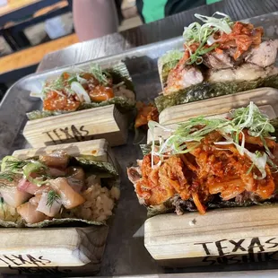 Yellowtail, salmon, and two pork bellies!