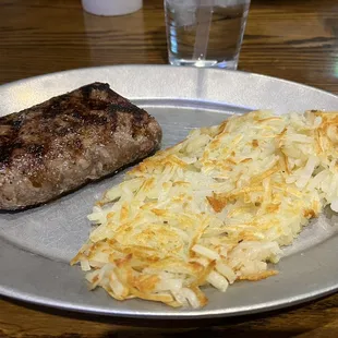 8 oz. Sirloin &amp; hash browns.  Cooked to perfection!