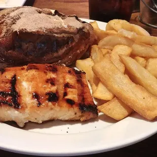 Honey Salmon w/Loaded sweet potato and steak fries.