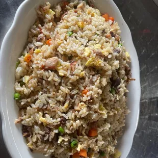 Chicken, beef and pork fried rice.