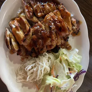 Chicken Teriyaki with rice, salad, and noodles