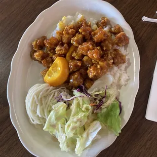 Orange Chicken with rice, salad, and noodles