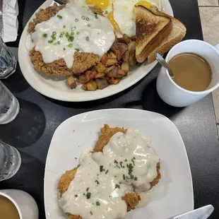 Chicken fried steak breakfast platter and chicken biscuit. Delicious!