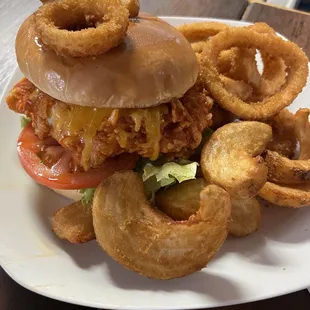 Buffalo chicken sandwich with rattlesnake fries