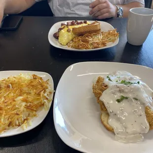 Chicken and a biscuit and three meat omelet.