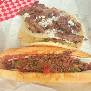 Lamb gyro and Philly steak