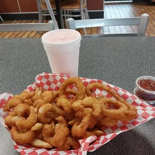 Shrimp basket and pink lemonaid!