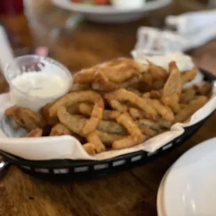 Fried jalapeño fries and onion rings