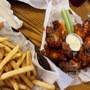 BBQ wings, fries.