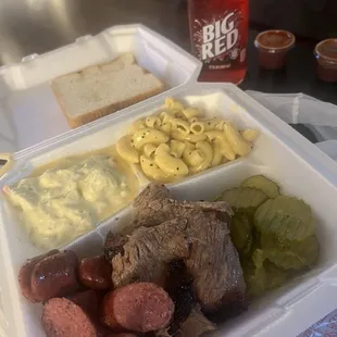 Sausage &amp; Brisket plate with potato salad and mac