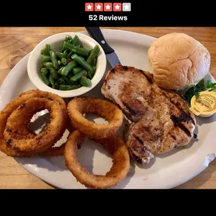 Grilled pork loin, green beans &amp; onion rings.