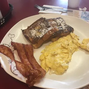 side of bacon. perfect french toast. scrambled eggs.